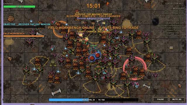 A late-run Collector holding off more than a hundred bots in the Scrapyard