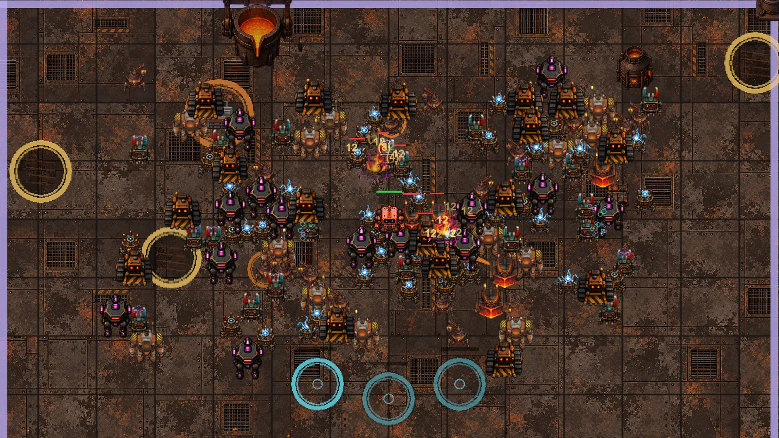 A late-run Scout surrounded by more than a hundred bots in the Furnace Works, weapons firing in every direction