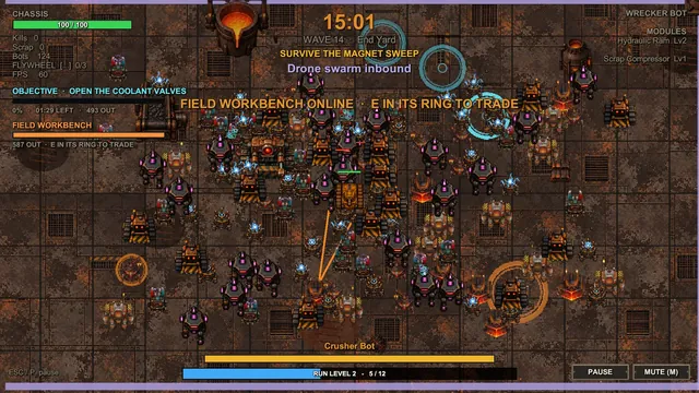 The Wrecker robot fighting a dense horde in the Furnace Works
