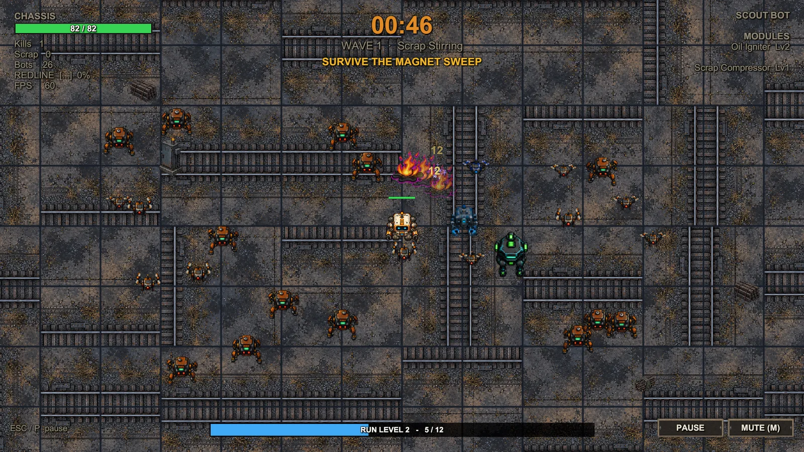 The Scout robot holding its ground against a wave of bots in the Rail Graveyard