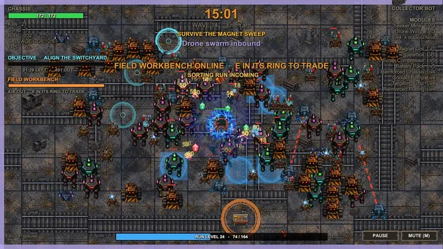 The Collector robot and its weapons in a crowded Rail Graveyard fight