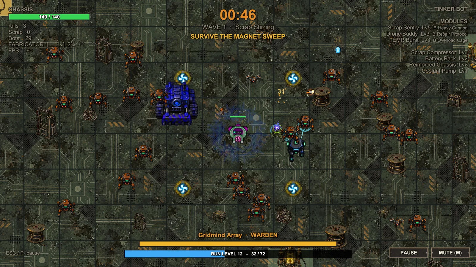 The Tinker robot and its turrets facing the Gridmind Array, the Warden of the Circuit Breaker Plant