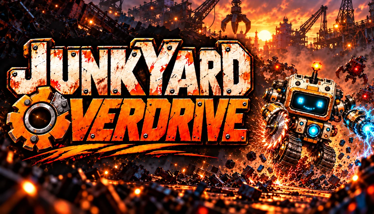 Junkyard Overdrive key art: a small salvage robot with a saw and an electric weapon in a sunset scrapyard