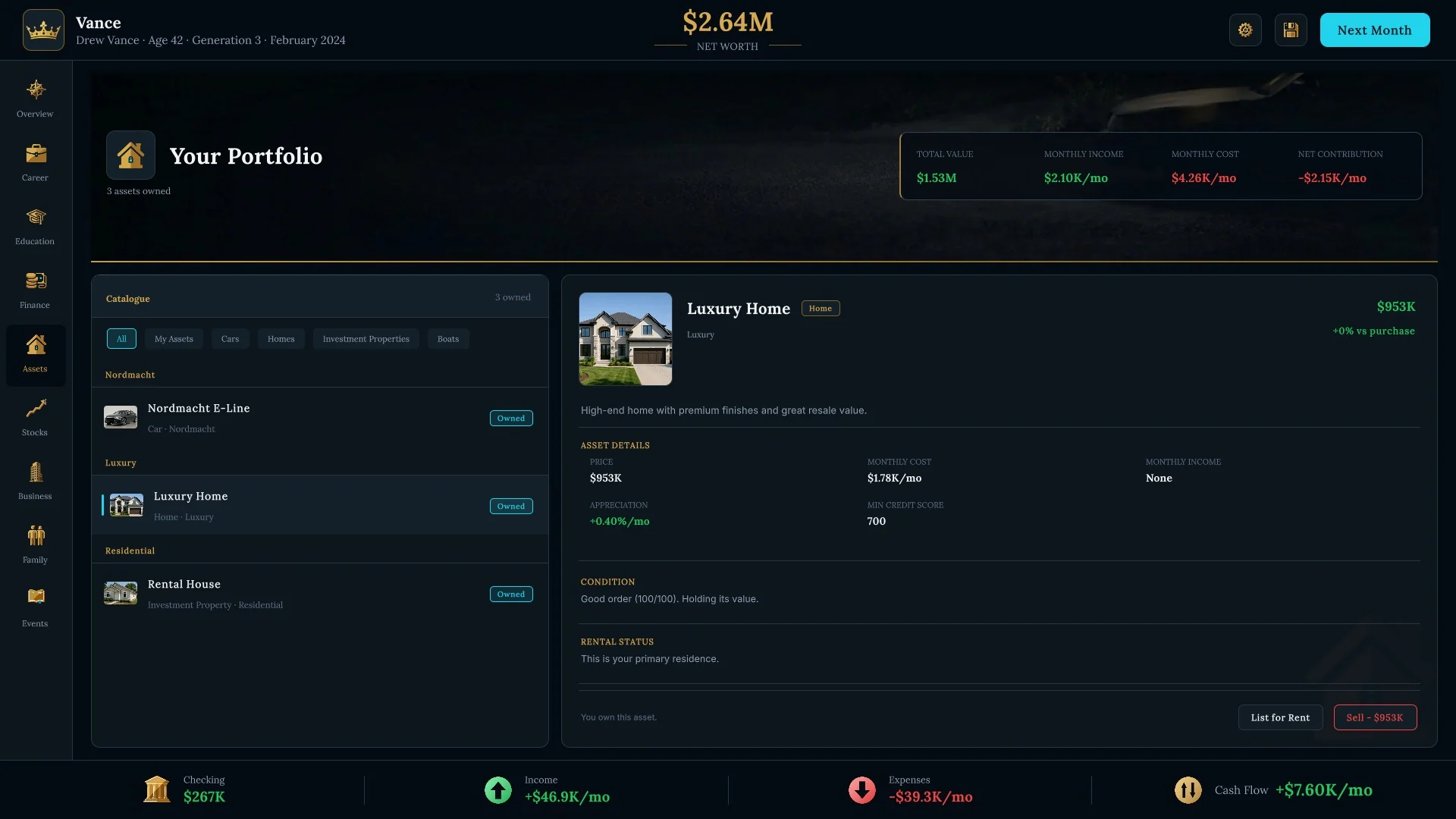 GG Life assets screen showing an owned luxury home's details in the portfolio