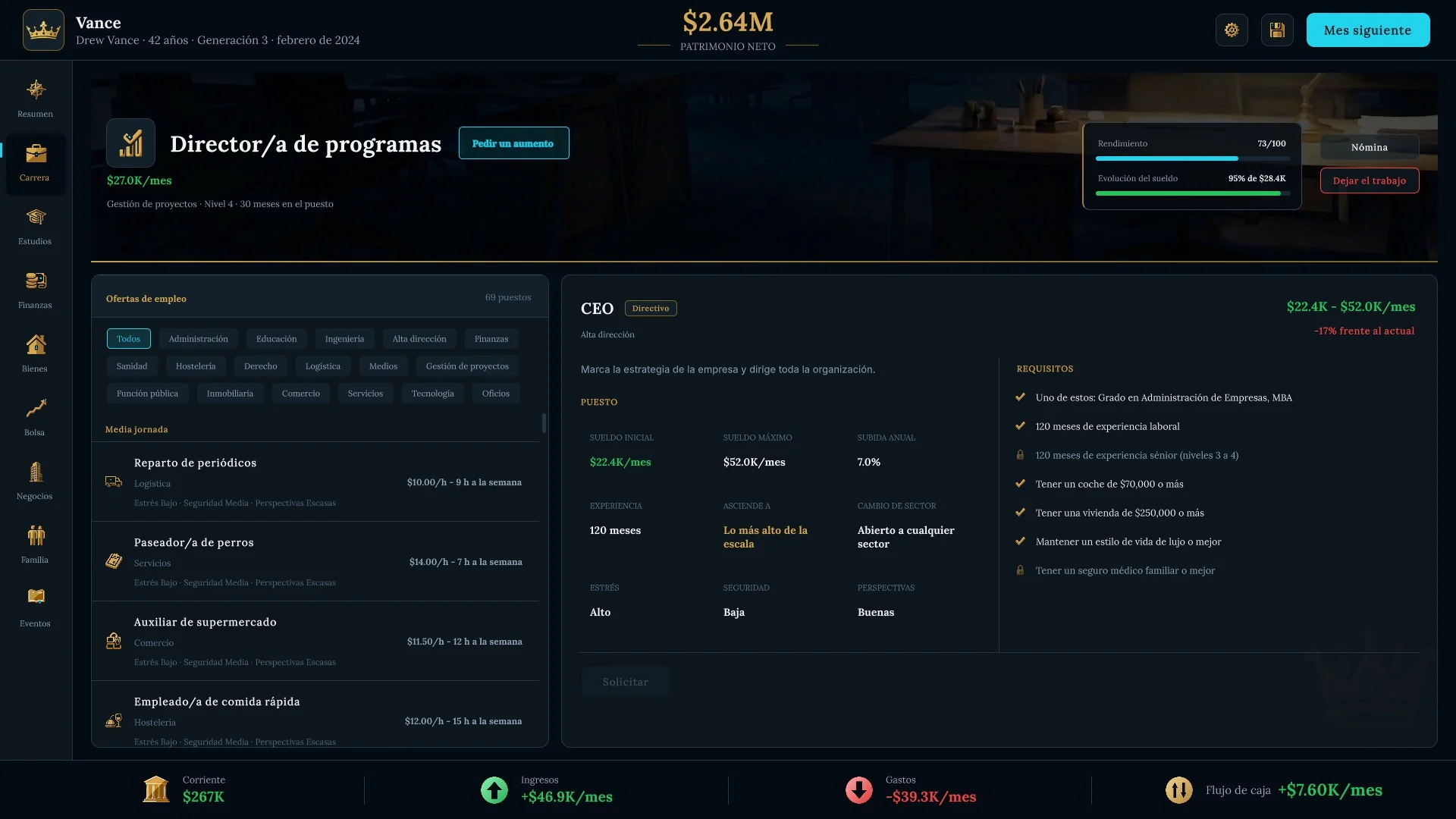 Pantalla de carrera de GG Life con las ofertas de empleo y los requisitos del puesto de CEO