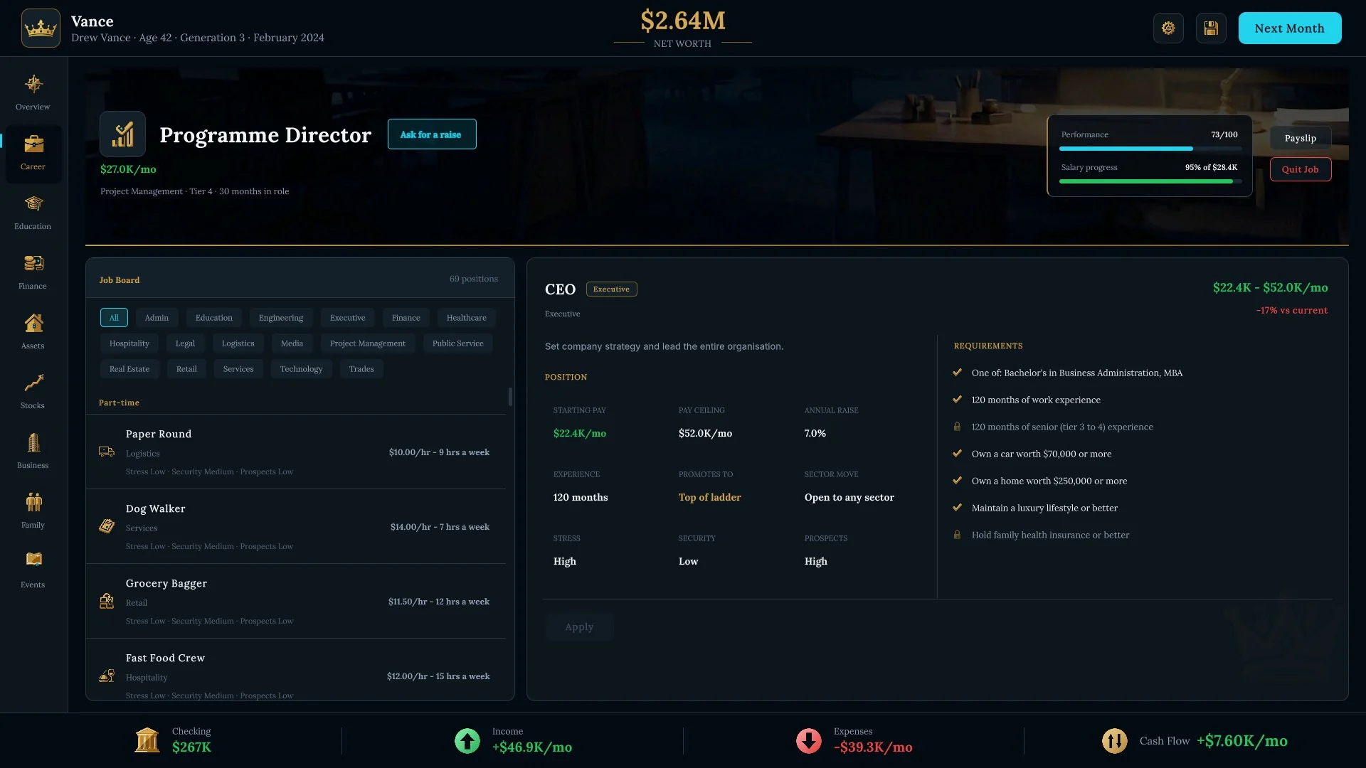 GG Life career screen with the job board and the requirements for the CEO role